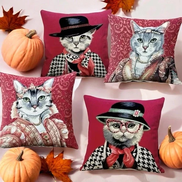 Set Of 4 Adorable Lady Cat Pattern‎ Throw Pillow Covers  17.7/45cm x 17.7/45cm - Picture 4 of 12
